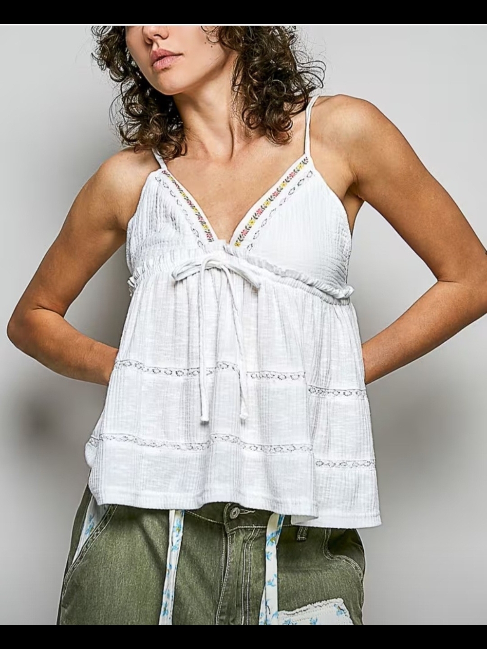 POL White Ribbed V-Neck Tank with Pink and Yellow Floral Embroidery